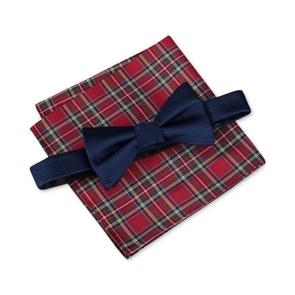 Tommy Hilfiger Twill Bow Tie Royal Plaid Navy Blue Red Necktie 14656 - Picture 1 of 3